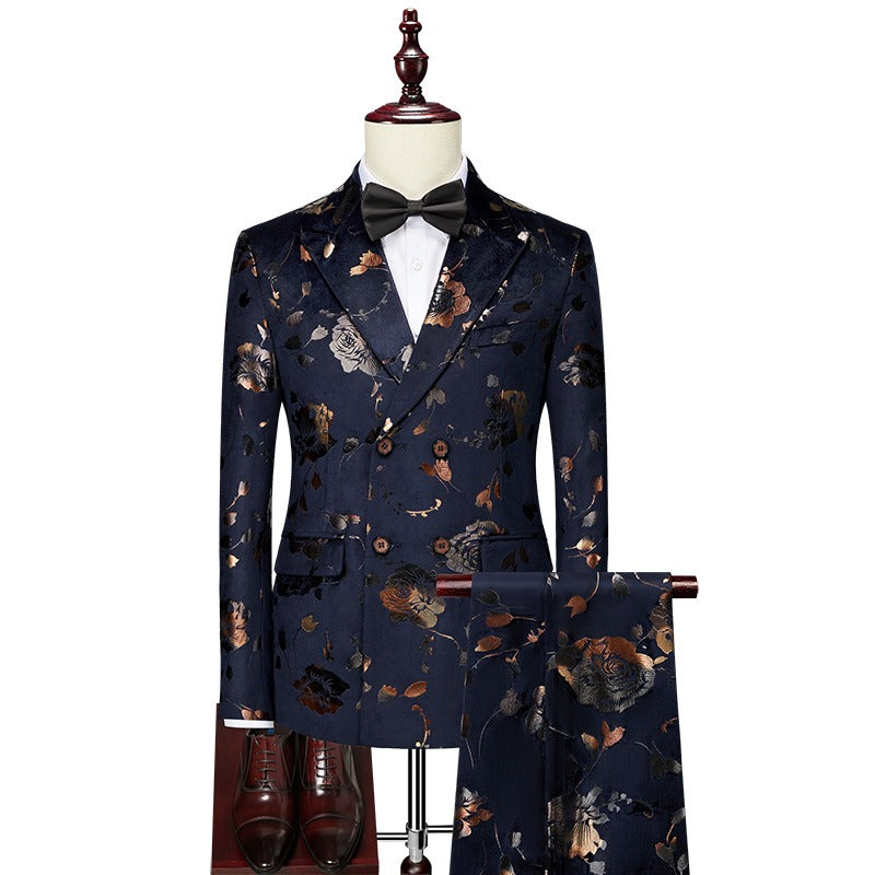 Men Wedding Dress Sets Presenter Dress Business Casual Blazers Korean Version Slim Wedding Suit Men's Printed 3 P Suits Sets