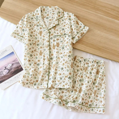 Summer Women Pajamas 2-Piece Set 100% Cotton Gauze Short-Sleeved Floral Print Pajamas Homewear Ladies Pajamas Women Sleepwear