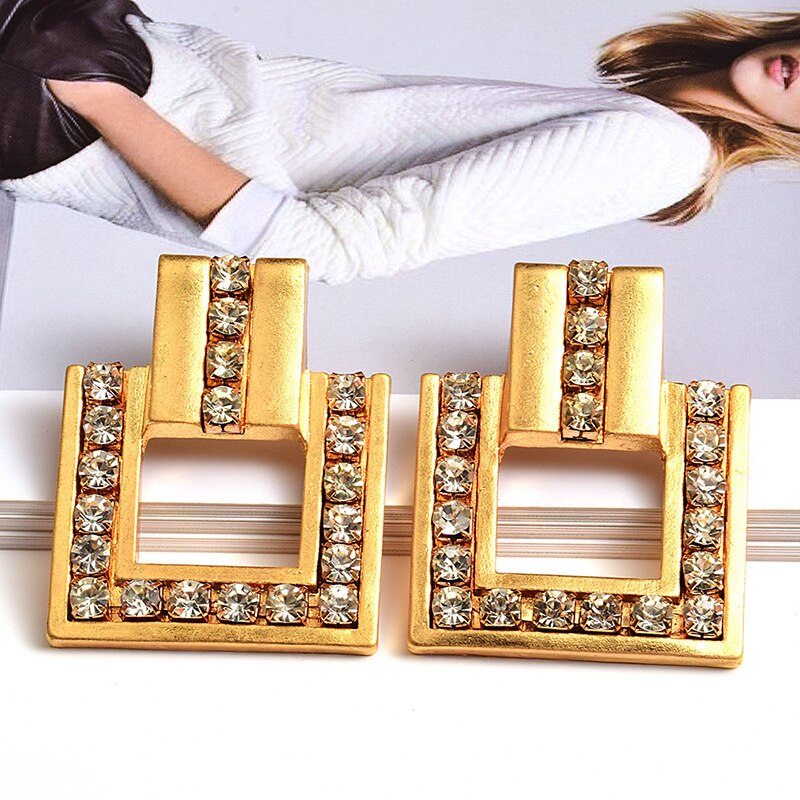 Geometric Gold Earrings Diamond Metal Square Earrings Jewelry Women's Accessories