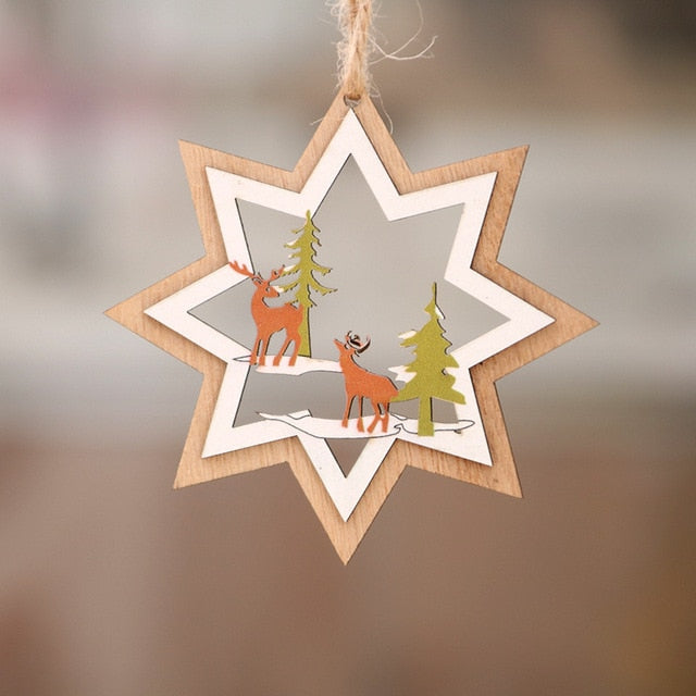 1PC 2D 3D Christmas Ornament Wooden Hanging Pendants Star Xmas Tree Bell Christmas Decorations For Home Party New Year Navidad