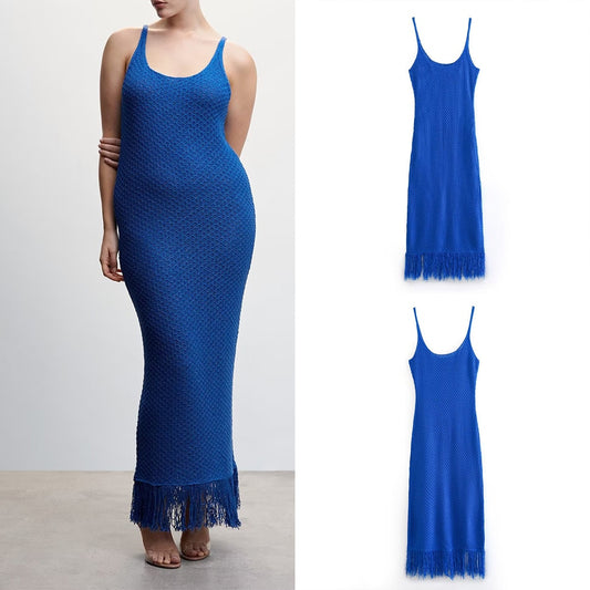 PB&ZA summer new women's temperament fashion round neck chic sexy tassel detail knitted camisole dress