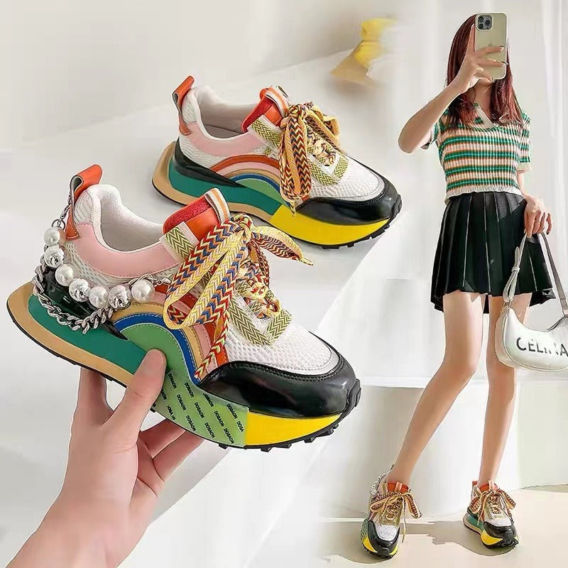 Women Leather Sneakers Lace Up Rainbow Colors Platform Shoes Pearls Chain