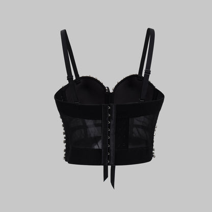 Sexy Handmade Beaded Color-Block Bowknot Mini Camisole