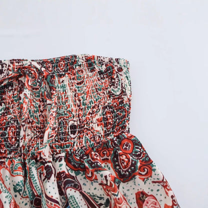 Strapless collar printed waist cinching A-line dress for women