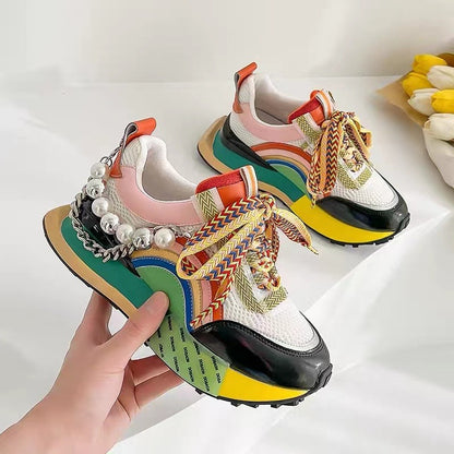 Women Leather Sneakers Lace Up Rainbow Colors Platform Shoes Pearls Chain