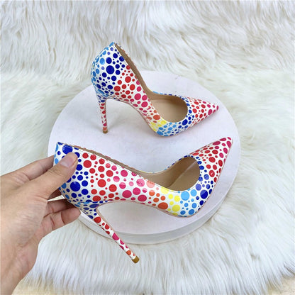 Printed Women's Satin Pointed High Heel Shoes Sexy Designer Dot Lace up High Heel Shoes