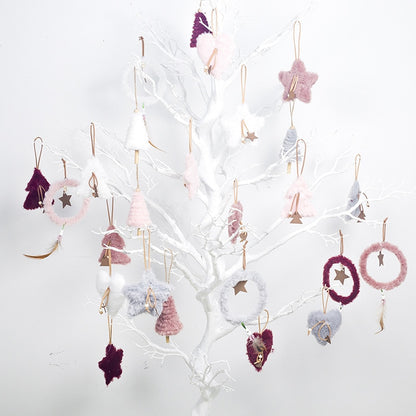 5pcs/set Creative Plush Christmas Tree Hanging Pendant Pink White Heart Star Feather Ornament Christmas Decoration for Home Xmas