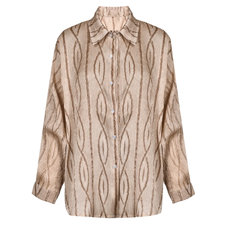 [EAM] Women Khaki Striped Big Size Casual Blouse New Lapel Long Sleeve Loose Fit Shirt Fashion Tide Spring Autumn 2023 1DF9044