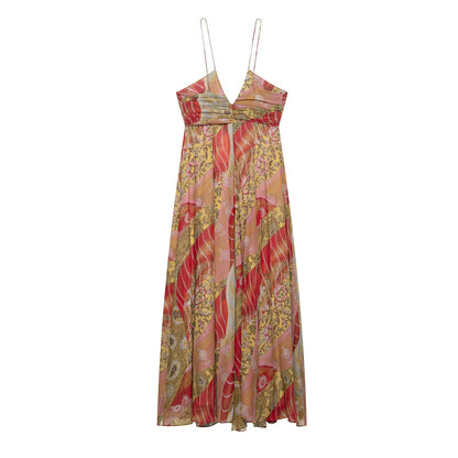 V-neck sleeveless camisole waist cinched long dress for women