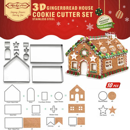 10pcs 3D Gingerbread house Stainless Steel Christmas Scenario Cookie Cutters Set Biscuit Mold Fondant Cutter Baking Tool