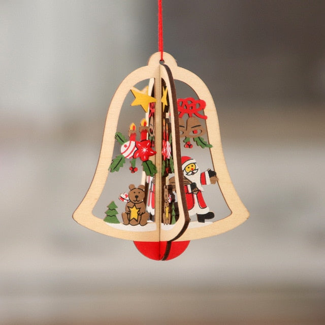 1PC 2D 3D Christmas Ornament Wooden Hanging Pendants Star Xmas Tree Bell Christmas Decorations For Home Party New Year Navidad