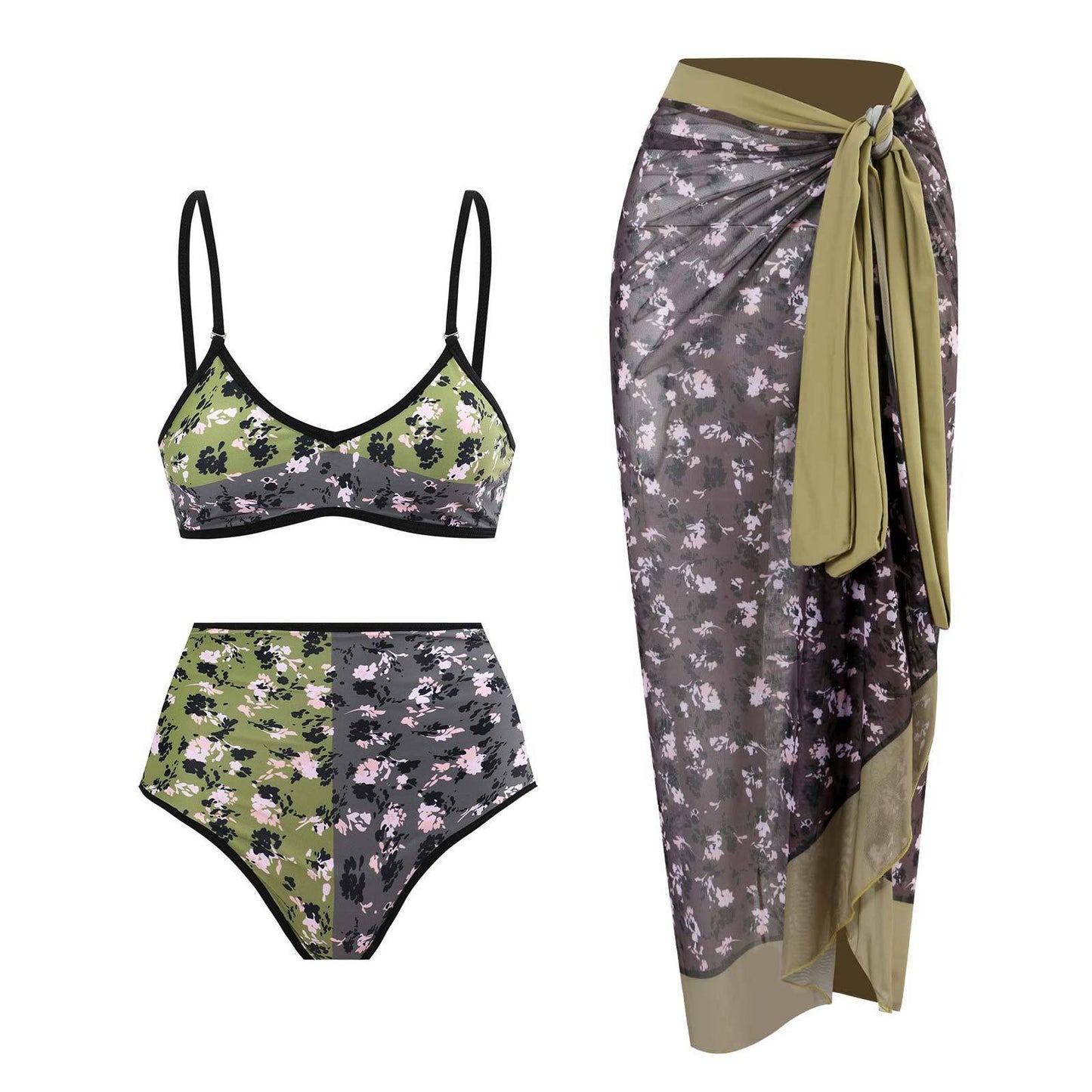 Split Three Piece Set of Vintage Swimsuits From Europe and America, Popular Swimwear with Lace Up Beach Skirts