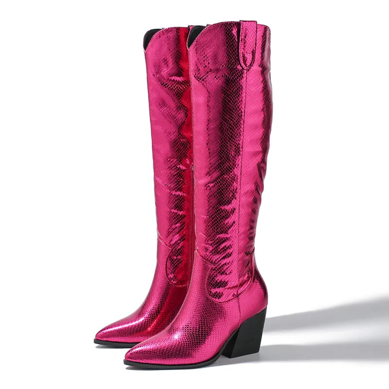 Cowgirl Women Knee-High Boots Fashion Zipper Pointed Toe Chunky Low Square Heels Shoes