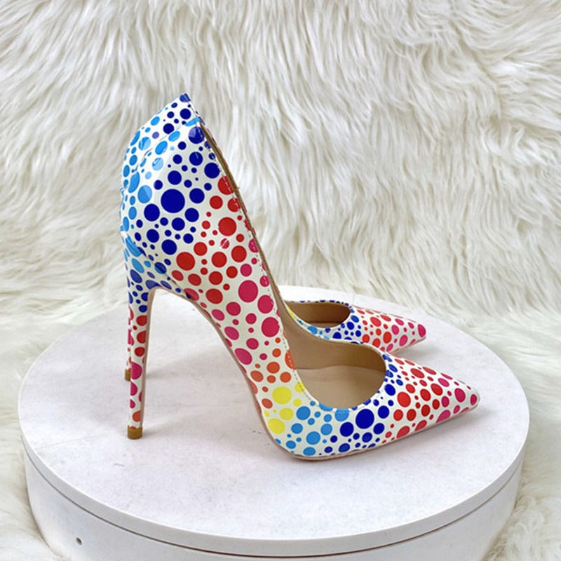 Printed Women's Satin Pointed High Heel Shoes Sexy Designer Dot Lace up High Heel Shoes