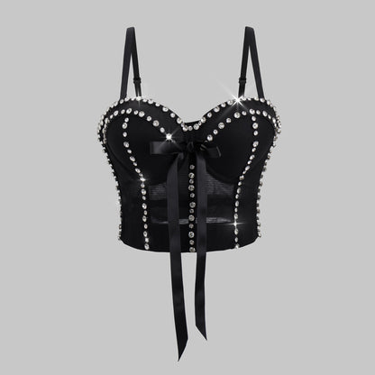 Sexy Handmade Beaded Color-Block Bowknot Mini Camisole