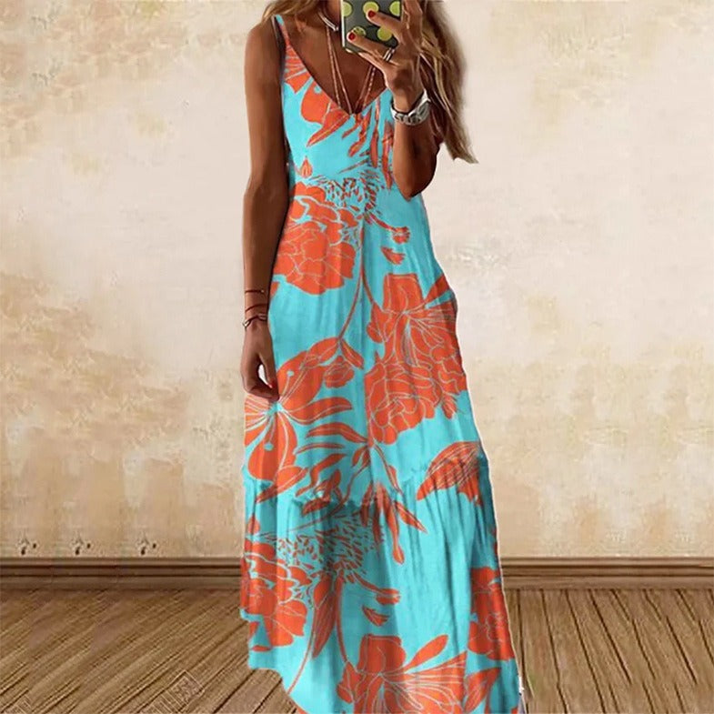 Spring New European and American Women's Fashion Print Loose Strap Dress