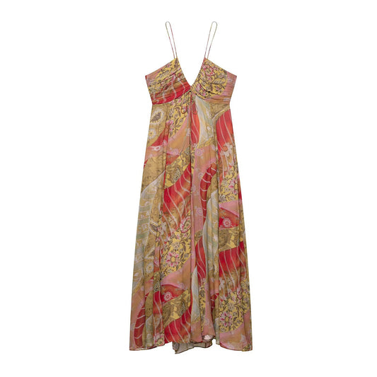 V-neck sleeveless camisole waist cinched long dress for women