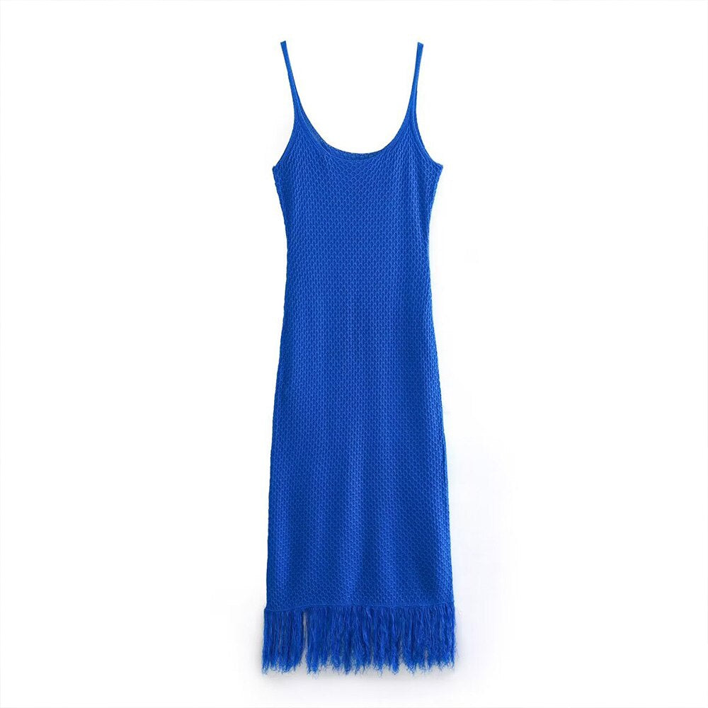 PB&ZA summer new women's temperament fashion round neck chic sexy tassel detail knitted camisole dress