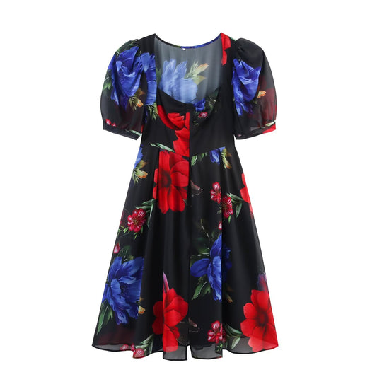 Low neck bubble sleeve waist cinched A-line long skirt dress for women