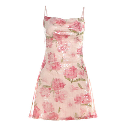 Spring pink floral suspender dress for women