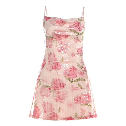 Spring pink floral suspender dress for women