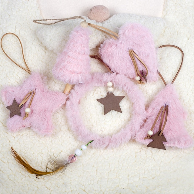 5pcs/set Creative Plush Christmas Tree Hanging Pendant Pink White Heart Star Feather Ornament Christmas Decoration for Home Xmas