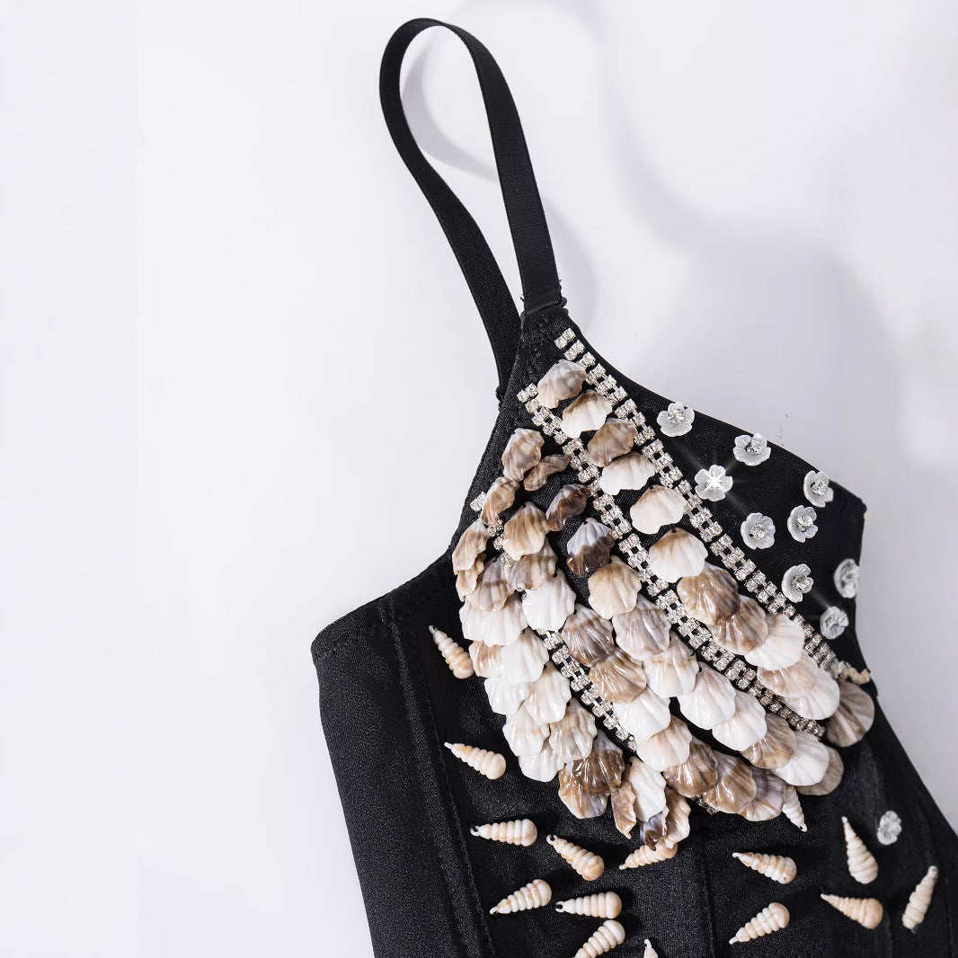 Sexy Black Bralette with Shell and Flower Decorations