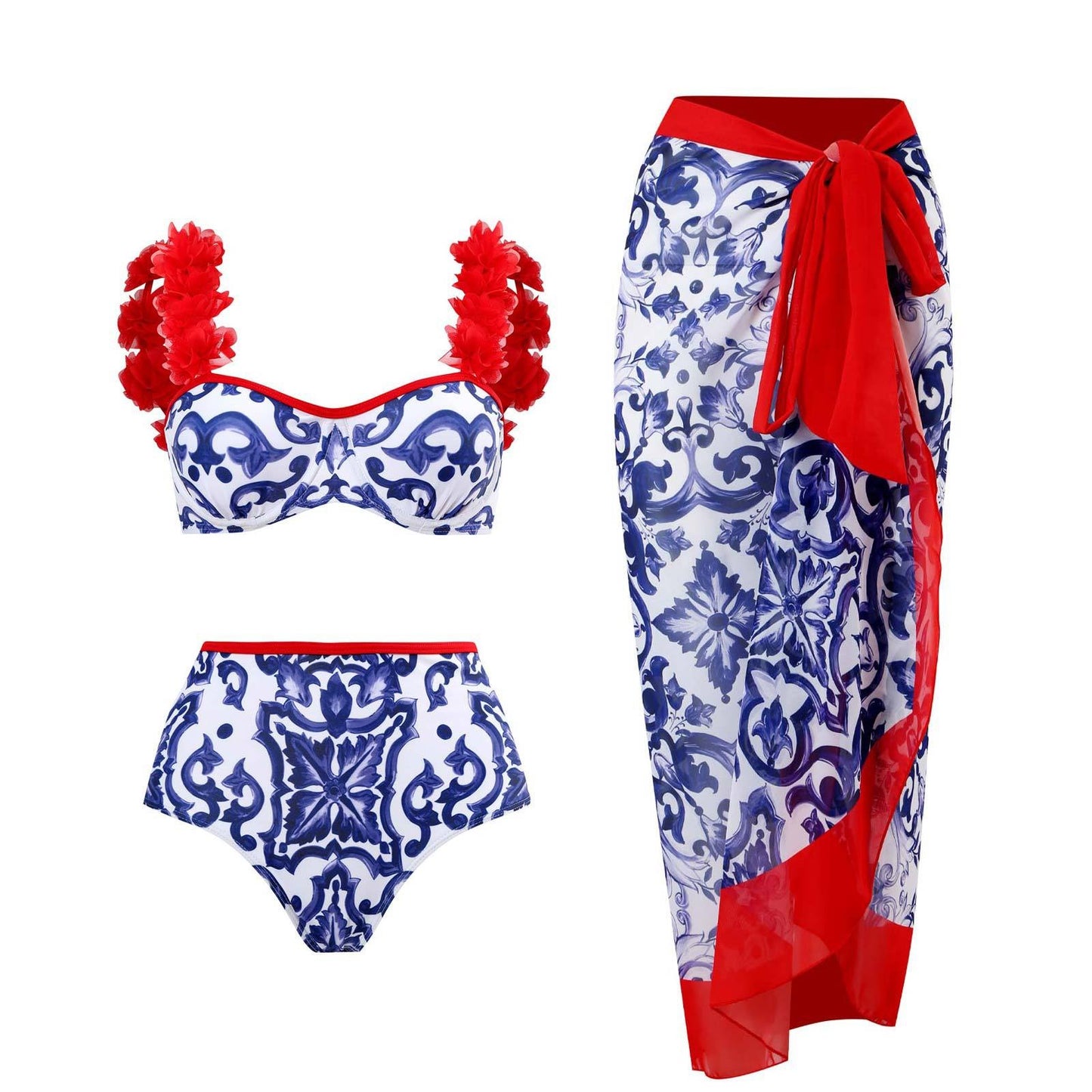 Split Three Piece Set of Vintage Swimsuits From Europe and America, Popular Swimwear with Lace Up Beach Skirts