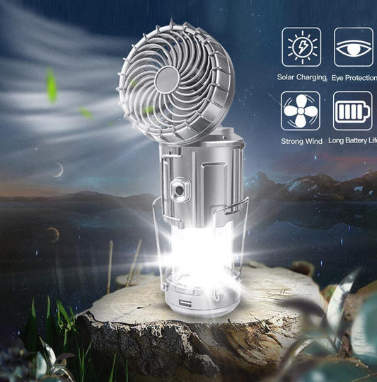 Portable Outdoor LED Camping Lantern With Fan Solar Charge Rechargeable Light Hanging Tent Lamp Fish Flashlight