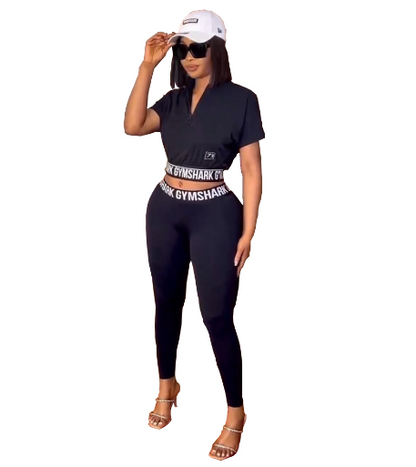 European and American women fashion casual printing black two piece set