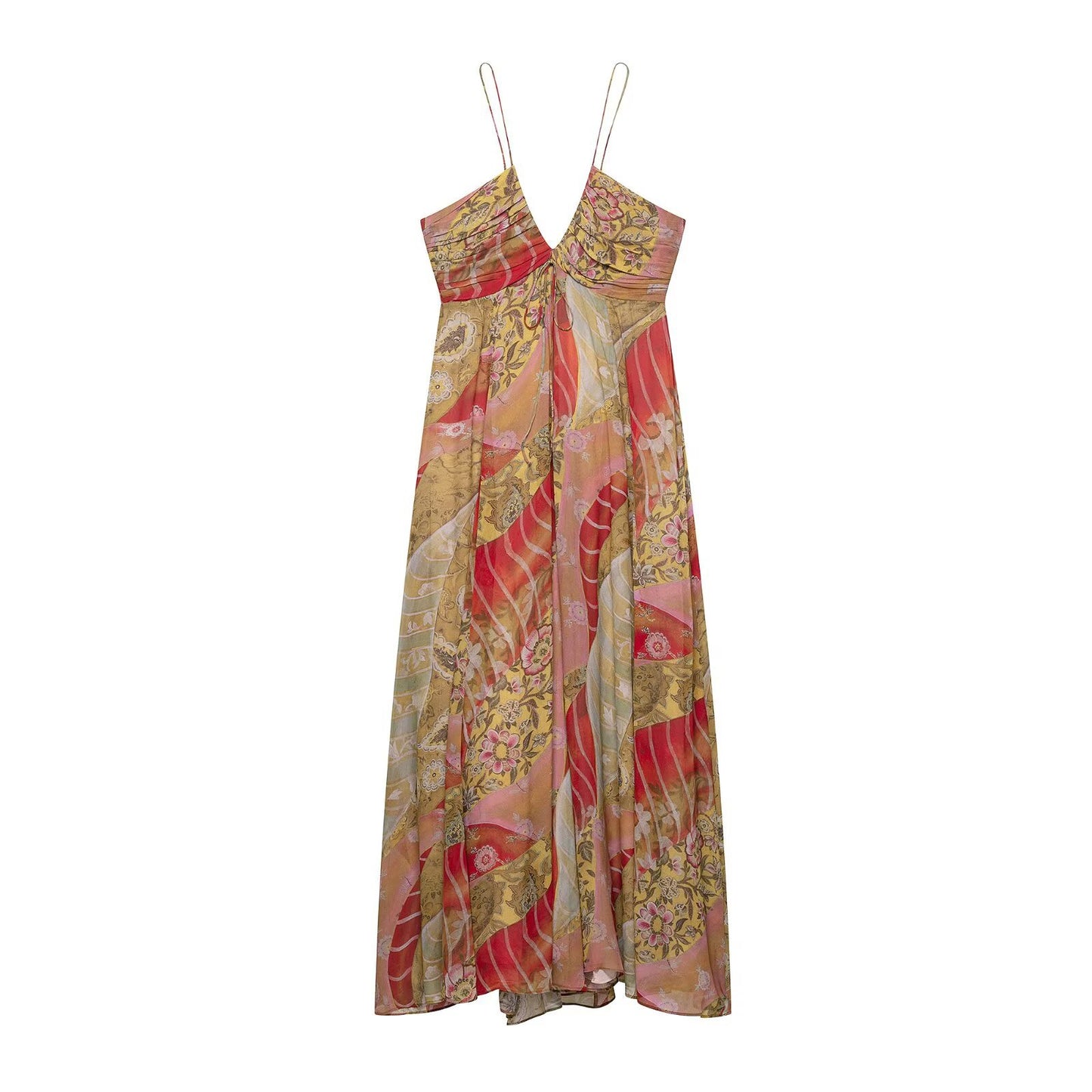 V-neck sleeveless camisole waist cinched long dress for women