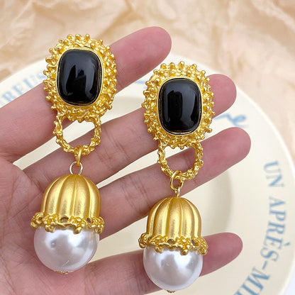 French RetroLong Pearl Drop Earrings Gold Color Matel for Women Female Jewerly