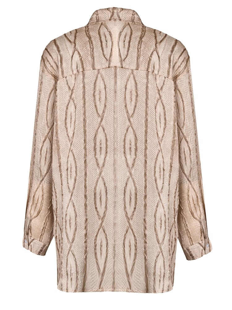 [EAM] Women Khaki Striped Big Size Casual Blouse New Lapel Long Sleeve Loose Fit Shirt Fashion Tide Spring Autumn 2023 1DF9044