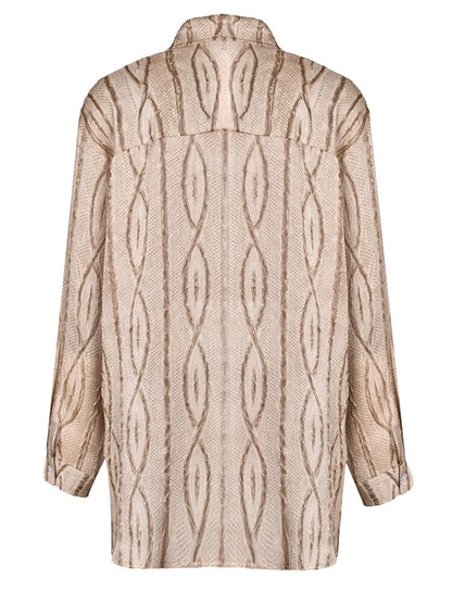 [EAM] Women Khaki Striped Big Size Casual Blouse New Lapel Long Sleeve Loose Fit Shirt Fashion Tide Spring Autumn 2023 1DF9044