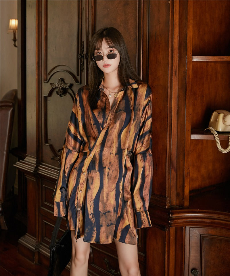 Mid length shirt loose fitting shirt Korean version versatile long sleeved top