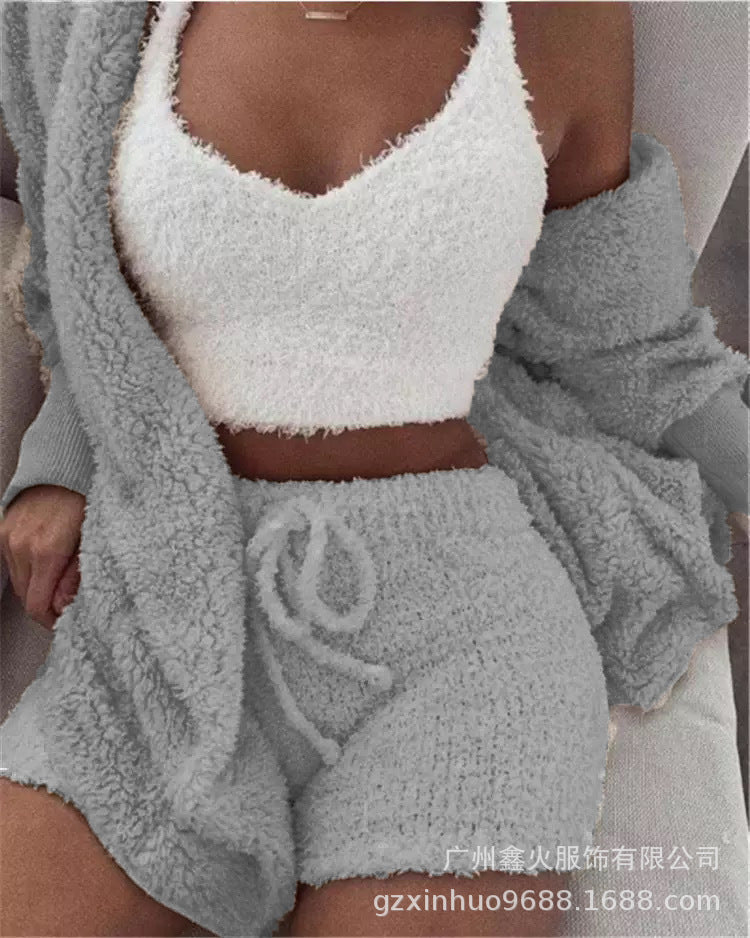 Women's clothing, European and American winter plush home wear, casual 3Pcs  pajamas long sleeved shorts sports set