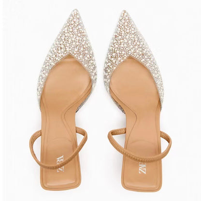 Pointed toe Pearl Heels Women High-heeled Slingback High heels