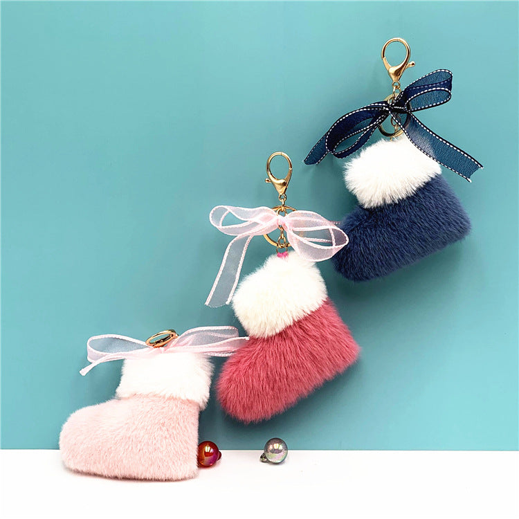 Christmas Boots Key Chain Cute Bow Bag Pendant Cartoon Plush Car Key Chain Ring Gift Accessories