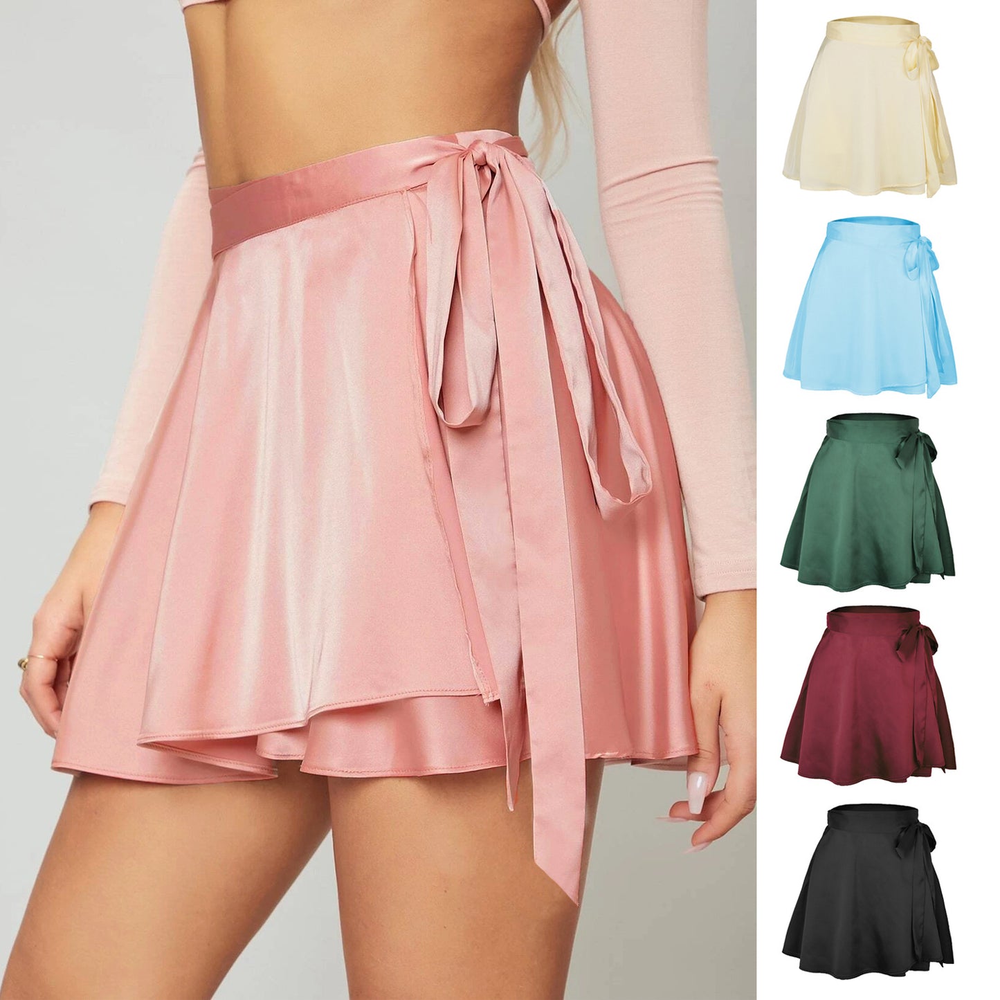 Solid color midi skirt with high waist and lace up skirt