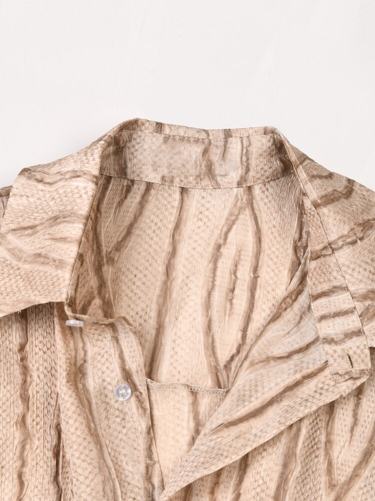 [EAM] Women Khaki Striped Big Size Casual Blouse New Lapel Long Sleeve Loose Fit Shirt Fashion Tide Spring Autumn 2023 1DF9044