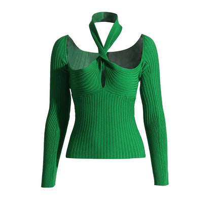 Sexy Fall New Hollow Strapless Knotted Long-Sleeved Stitching Knitted Women's Shirt