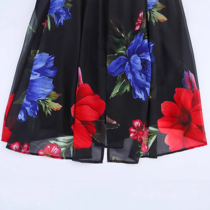 Low neck bubble sleeve waist cinched A-line long skirt dress for women