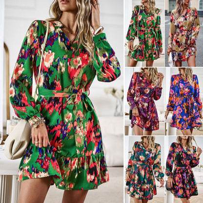 Printed Long Sleeve Shirt Dress Women's Autumn/Winter Elegant Short Dress