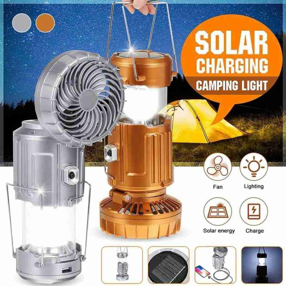 Portable Outdoor LED Camping Lantern With Fan Solar Charge Rechargeable Light Hanging Tent Lamp Fish Flashlight