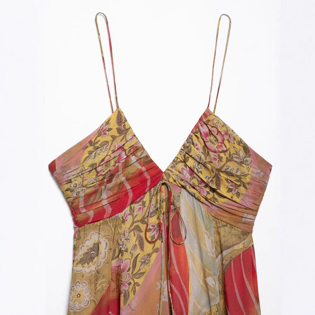 V-neck sleeveless camisole waist cinched long dress for women