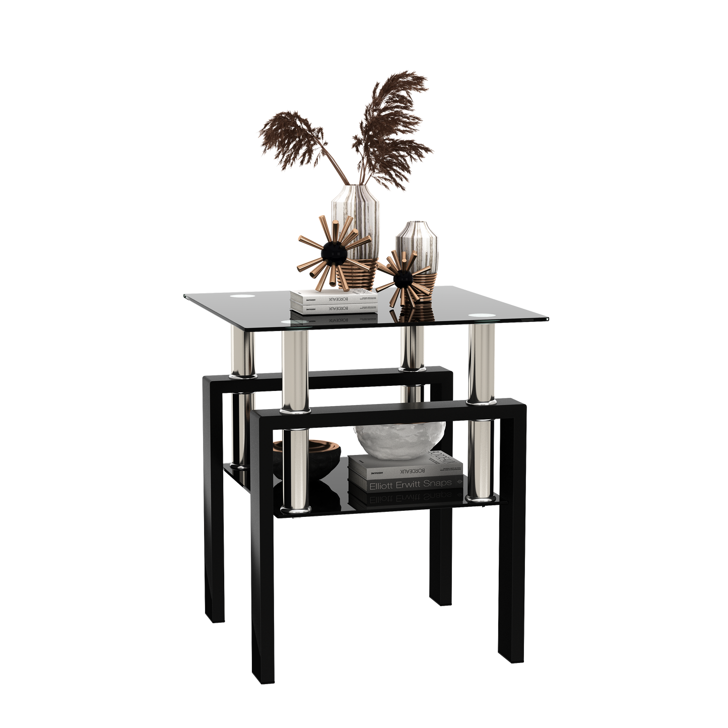 1-Piece Modern Tempered Glass Tea Table Coffee Table End Table, Square Table for Living Room, Black
