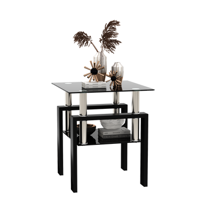 1-Piece Modern Tempered Glass Tea Table Coffee Table End Table, Square Table for Living Room, Black