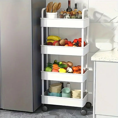White rolling storage cart. Multifunctional, open shelves for books, ideal for kitchen & bedroom storage