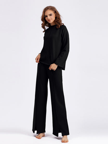 2 Pieces Set Women Knitted Tracksuit Turtleneck Sweater + Loose Slit Pants Pullover