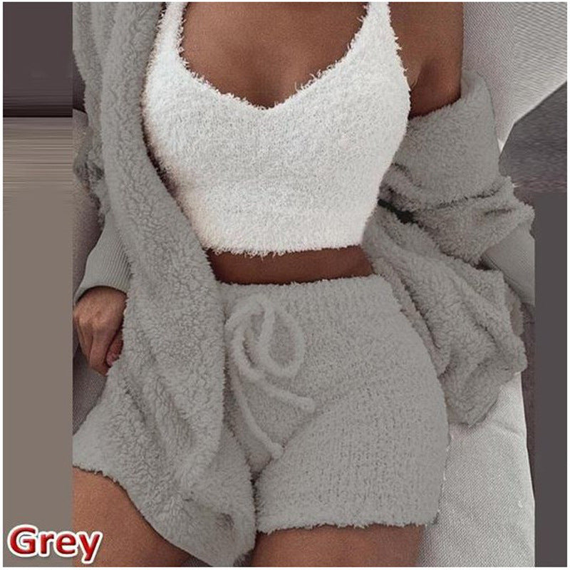 Women's clothing, European and American winter plush home wear, casual 3Pcs  pajamas long sleeved shorts sports set